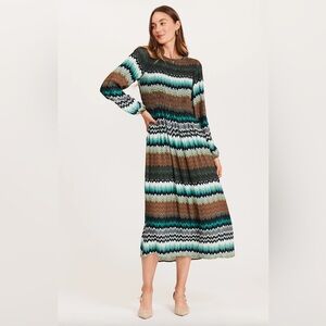 Tyler Boe Taylor Chevron Pleated Midi Dress Green Brown Long Sleeve M NWT